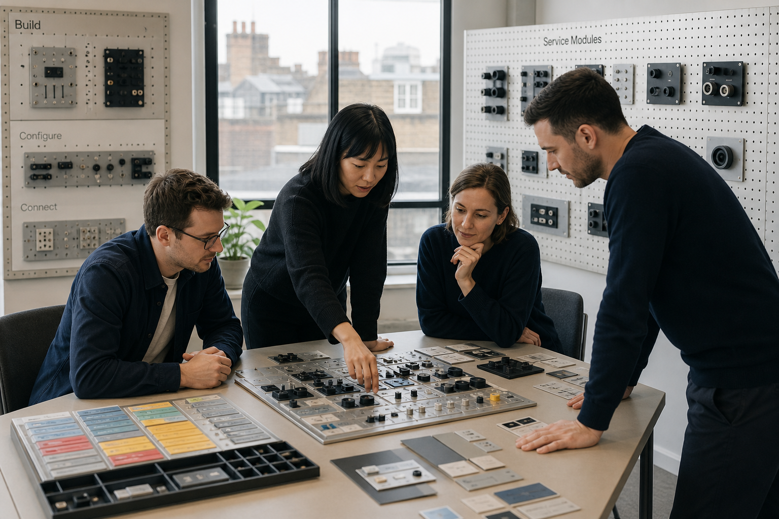 LBE INC LTD team reviewing modular service build boards